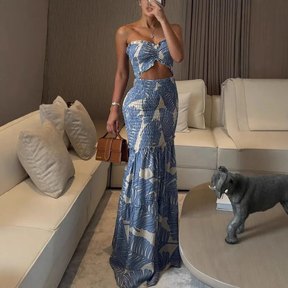 High Waist Hollow Dress Women Lace-Off Printed Sling Long Floor Maxi Dress