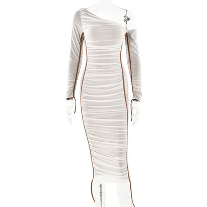 Diagonal Collar Long Sleeve Midi Bodycon Dress For Women Two Layer Mesh