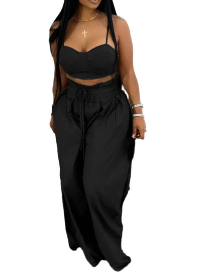 Sexy Zip Crop Camisole and High Waisted Drawstring Wide Leg Trousers 2 Piece Women Pants Suit Streetwear