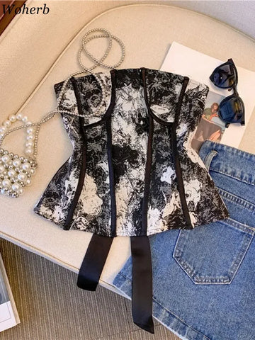 Y2k Bandage Tops Women Print Tunic Backless Vest Fashion Summer Crop Top