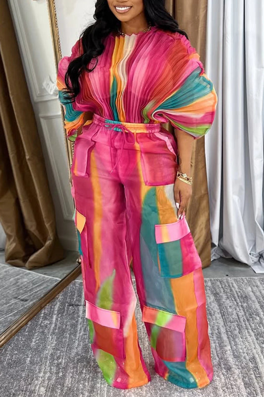 Plus Size Hot Pink Gradient Round Neck Batwing Sleeve Half Sleeve Cargo Pleated Two Piece Pant Sets