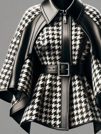 Houndstooth Pattern Women's Jacket Asymmetrical Cape Sleeves Jacket