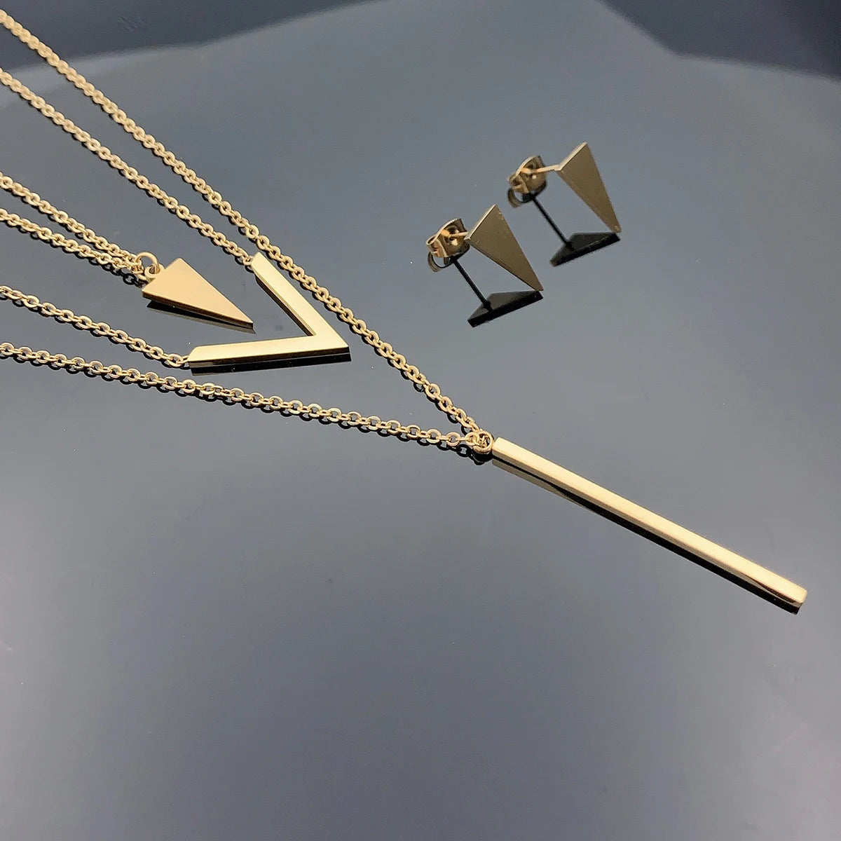 3 Piece Women's Stainless Steel V-shaped Geometric Pendant Multi-Layered Necklace