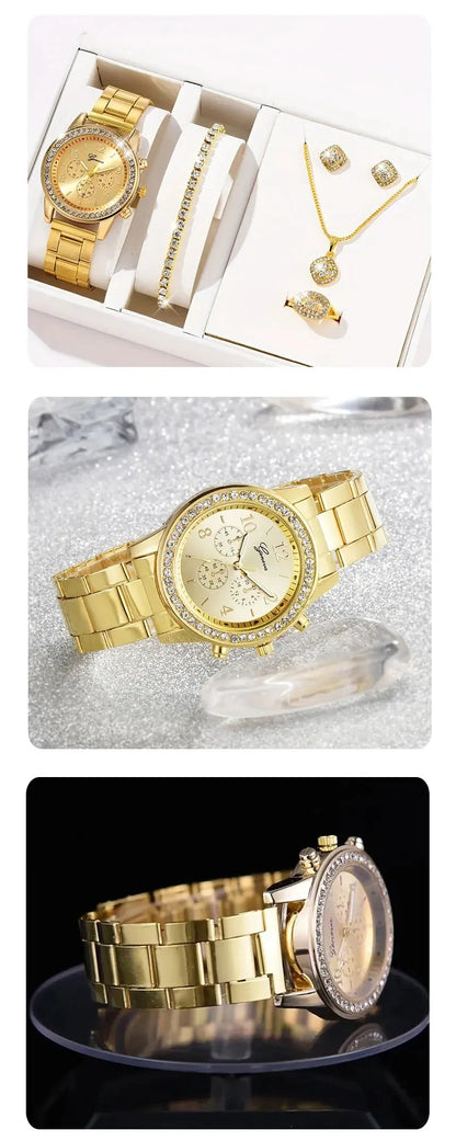5 PCS Set Gold Watch Women Luxury Ring Necklace Earrings Rhinestone Fashion Wristwatch