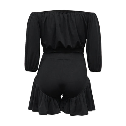 Plus Size Women's Set Long Sleeve Slash Neck T-Shirt and Shorts Summer Two 2 Piece Set