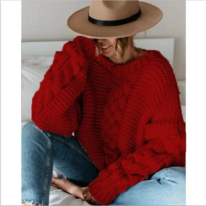 Loose Knitted Casual Sweater V Turtleneck Twist Women's Pullover Sweater