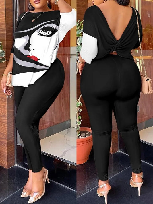 Women's Backless Round Neck Five Quarter Sleeve Pants Two-piece Casual Comfortable Set