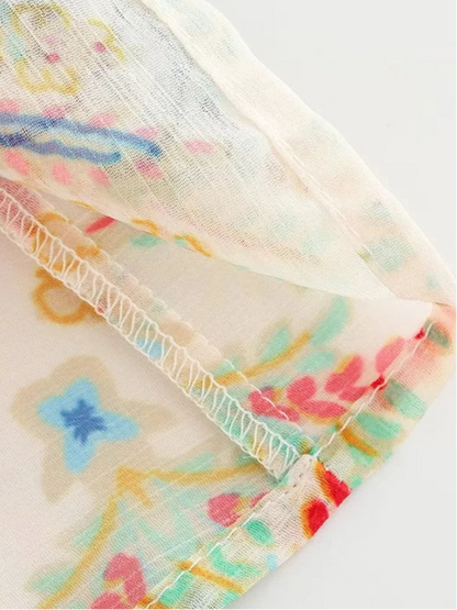 Women Vintage Totem Flower Print Pleated Puff Sleeve Blouse Breasted Shirt