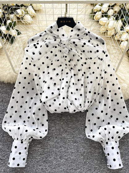 Vintage Polka Dot Tops Puff Sleeve Bow Lace Up Design Blouse