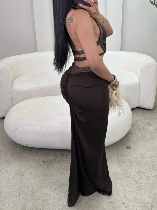 Halter Backless Maxi Two Piece Set Women Sexy Resort Wear Beach Set