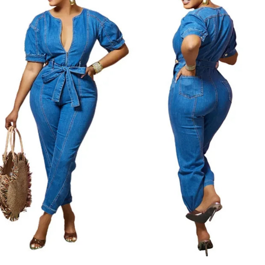 Denim Jumpsuit for Women Lace-up Pencil Pant Jeans Short Sleeve Sashes Long Rompers Playsuits One Piece Overalls Outfits