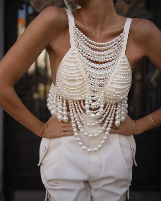 Chic Pearl Beading Tops Women V-neck Handmade Bra Top Vest Tops