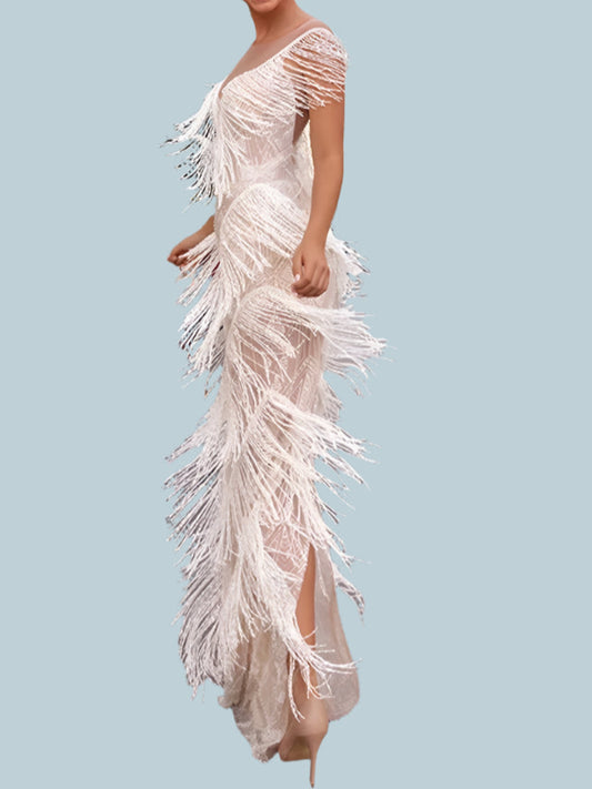 Wedding Guest Dress Deep V Neck Tassels Dress Evening Prom Gown