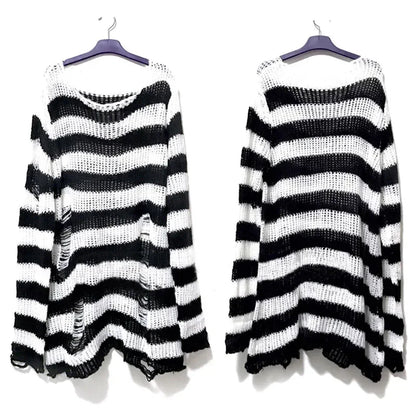 Punk Gothic Long Sweater Women Striped Broken Jumper