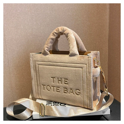 Women's Khaki Velour Tote Bag Original Letter Print Shopper Handbag