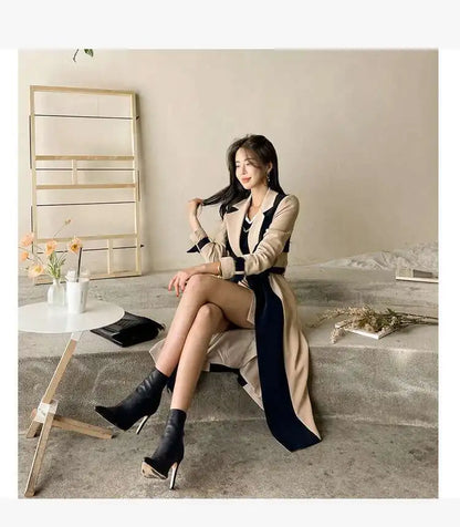 Contrast Full Sleeve Buttons Belted Women Long Trench Coats