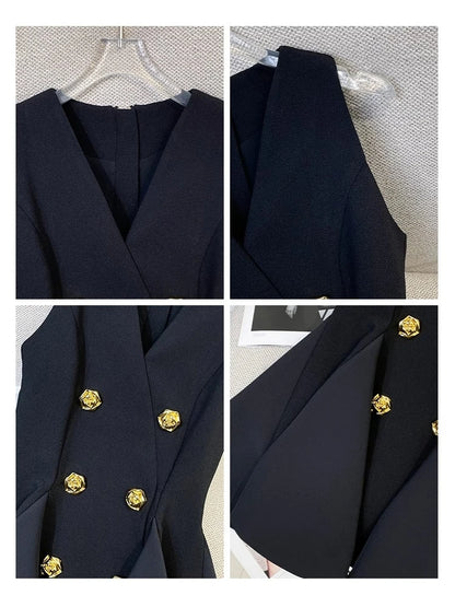 French Elegant Sleeveless A-Line Tunic Blouse Black Classic Gold Button