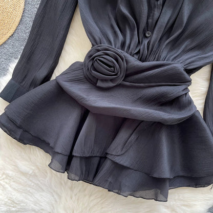 3D Floral Vintage Shirt Women Lapel Neck Long Sleeves Sheer Bohemian Organza Blouse