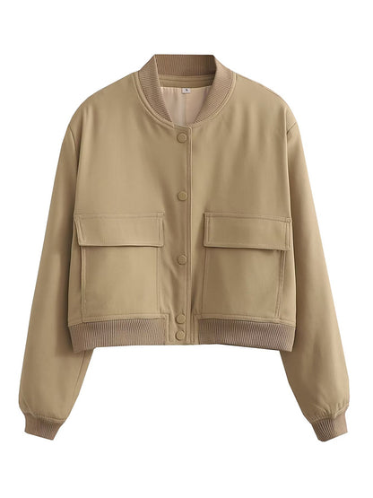 Solid Bomber Jackets Coat With Pockets V-Neck Single Breasted Long Sleeves Jacket