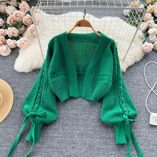 Green Casual Acrylic Knit V-Neck Lantern Long Sleeve Lace Up Women's Cardigan