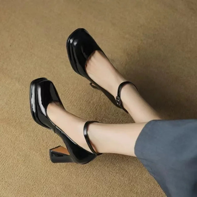 Thick Bottom High Heels for Women Solid Ankle Buckle Elegant Heeled Shoes