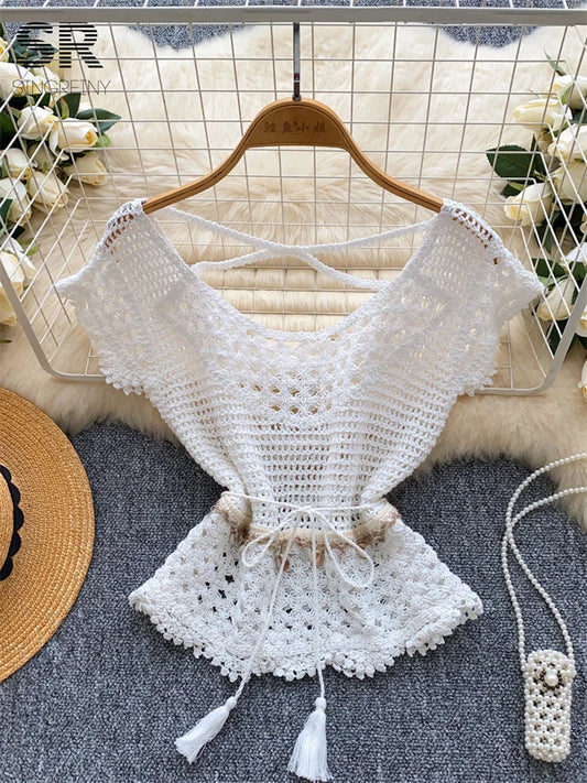 Bohemian Tassel Knit Tops Women Lace Up V Neck Elastic Summer Blouse Vacation Blouse