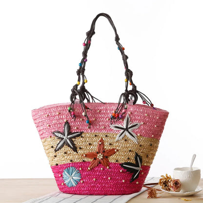 Bohemian Hand Embroidered Starfish Straw Woven Bag Beaded Handbags For Ladies