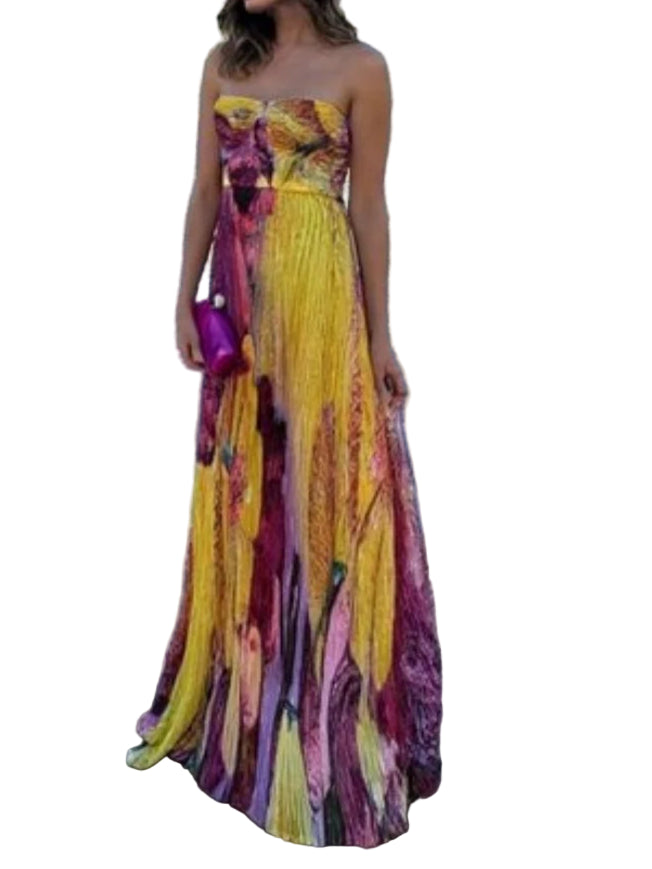 Women Strapless Sleeveless Backless Slim Sling Pleated Dress Party Maxi Dress