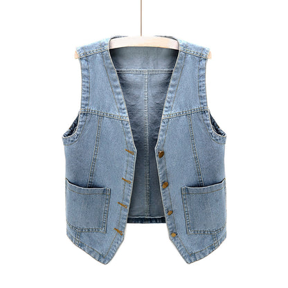 Woman Sleeveless Denim Vest V Neck Button Down Jacket V Neck Button Loose Ladies Vest