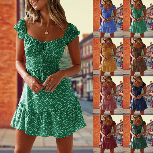 Vintage Casual Short Sleeve Holiday Dress Women's Sundress Mini Dress