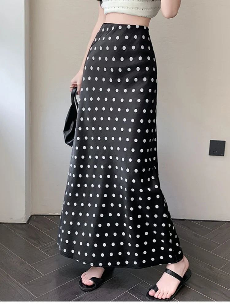 Polka Dot Satin Skirt Women's High Waist Versatile Elegant Dot Long Skirt