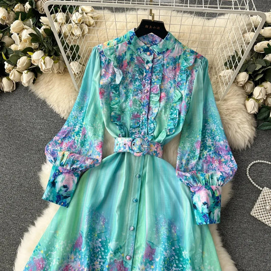Women Long Sleeve Loose Half High Collar Lantern Dress