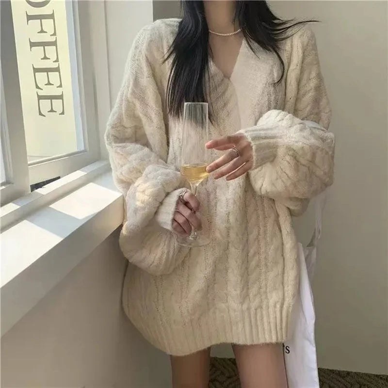 Harajuku Women Sweater Cute Oversized Knitted Pullover V Neck Sweater