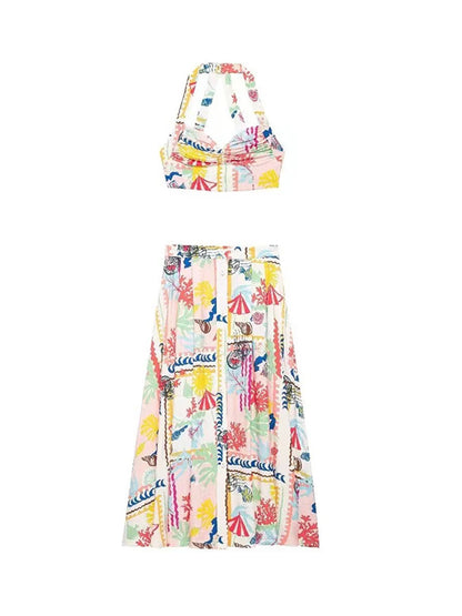 Colorful Printed Suspenders Skirt Set Women Patchwork Quilted High Waist Skirt Two Piece Summer