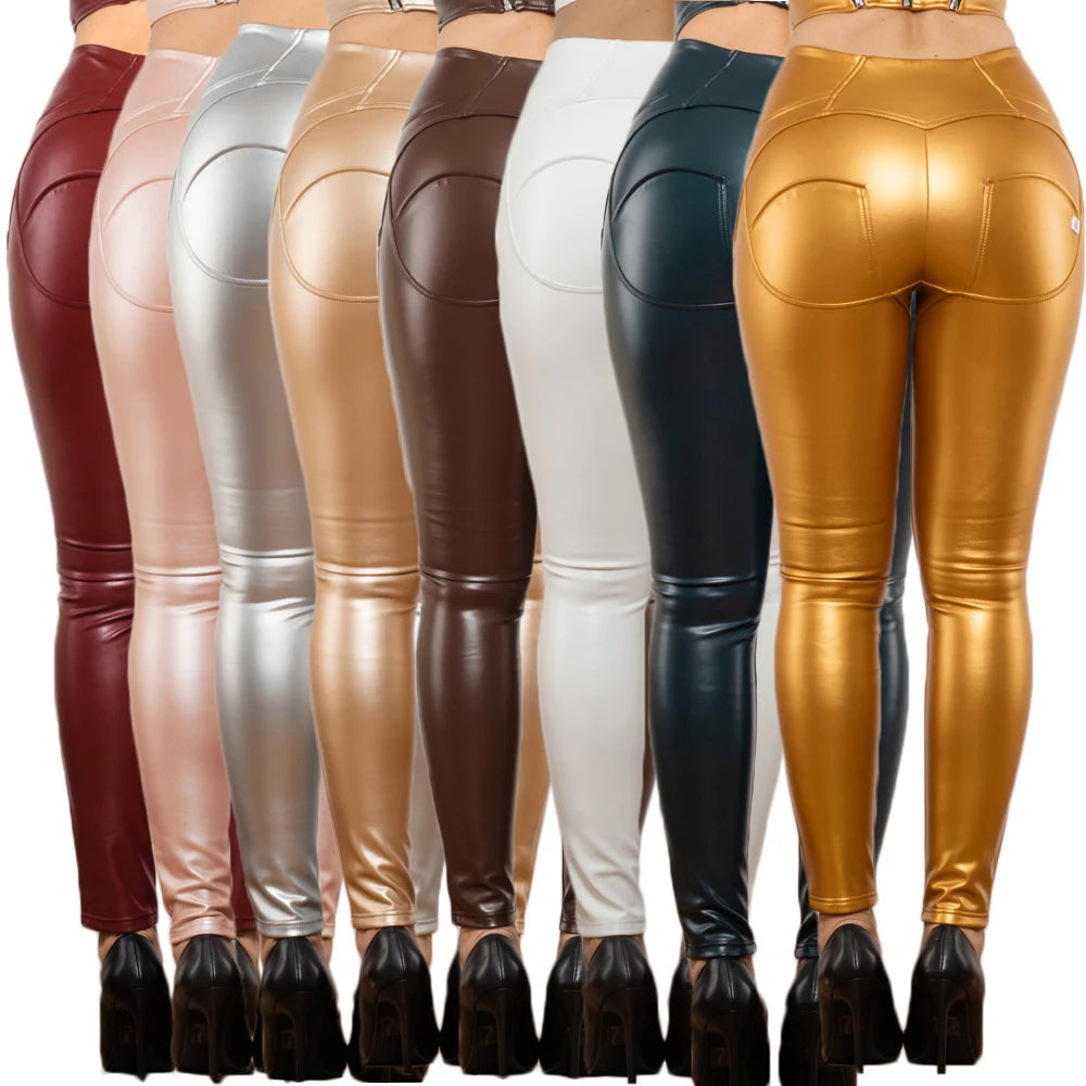 Glossy Pants High-Waisted Metallic Leather Leggings Scrunch Butt Pants for Women