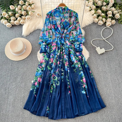 French Style Midi Dress Femme Robe Stand Collar Lantern Sleeve Slim Fit High Waist Dress