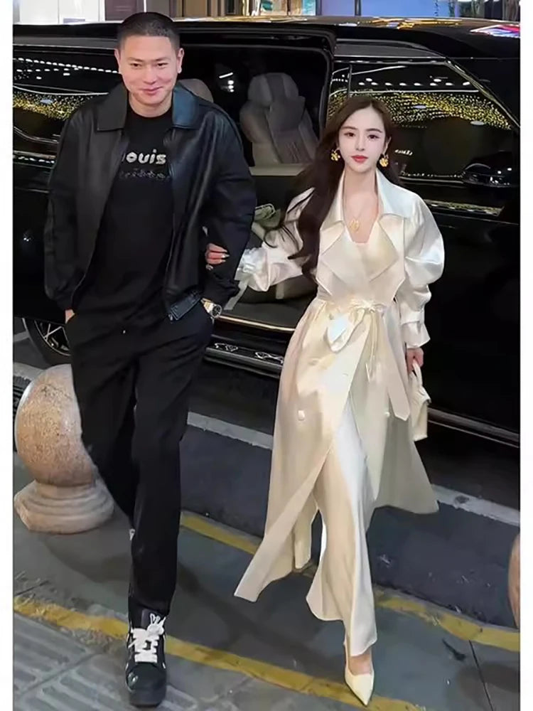 Long Flowy Shiny White Trench Coat for Women Double Breasted Design