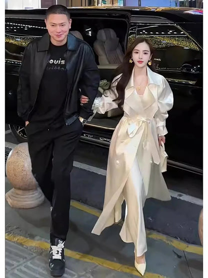 Long Flowy Shiny White Trench Coat for Women Double Breasted Design