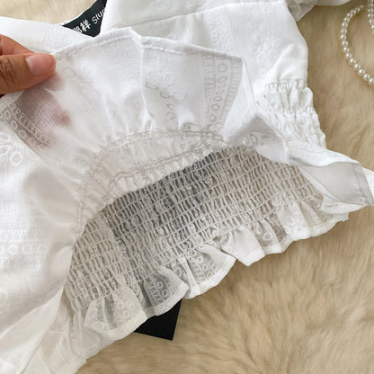 Jacquard Blouse Square Collar Puff Sleeves Elastic Slim Crop