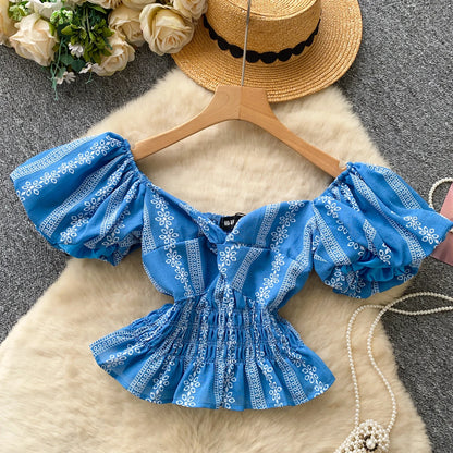 Jacquard Blouse Square Collar Puff Sleeves Elastic Slim Crop
