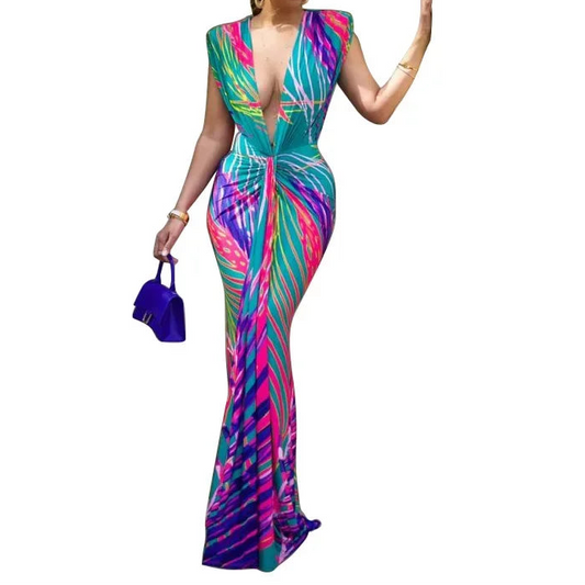 Elegant Dinner Party Maxi Dress Women's Sleeveless Colorful Print Sexy Deep V Slim Fit Long Dress