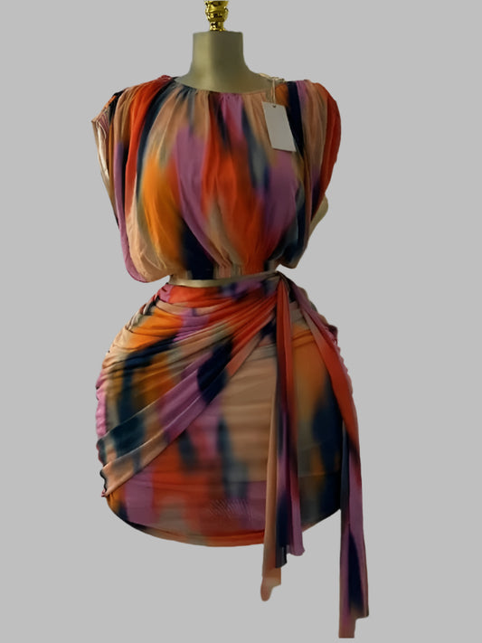 Tie Dye Printed Women's Set Short Sleeve Tops and Stacked Mini Skirts two 2 Piece Sets