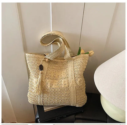 Women's Large Capacity Shoulder Bag Straw Woven Bag Letter Embroidery Handbag