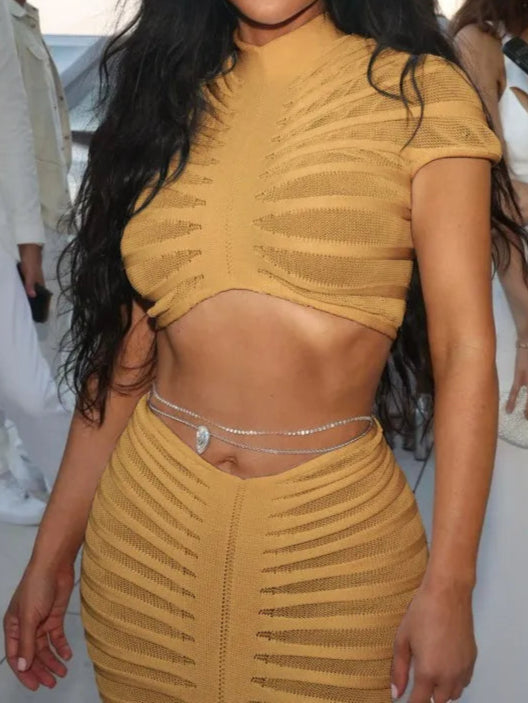 Women Knitted Set Crop Top Long Skirt Crochet Two Pieces Set Hollow Out Crocheted Beach Set Cover Ups