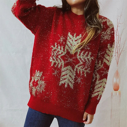 Loose-fit Line Big Snowflake Christmas Sweater Women's Pullover Thickened Crew Neck Sweater