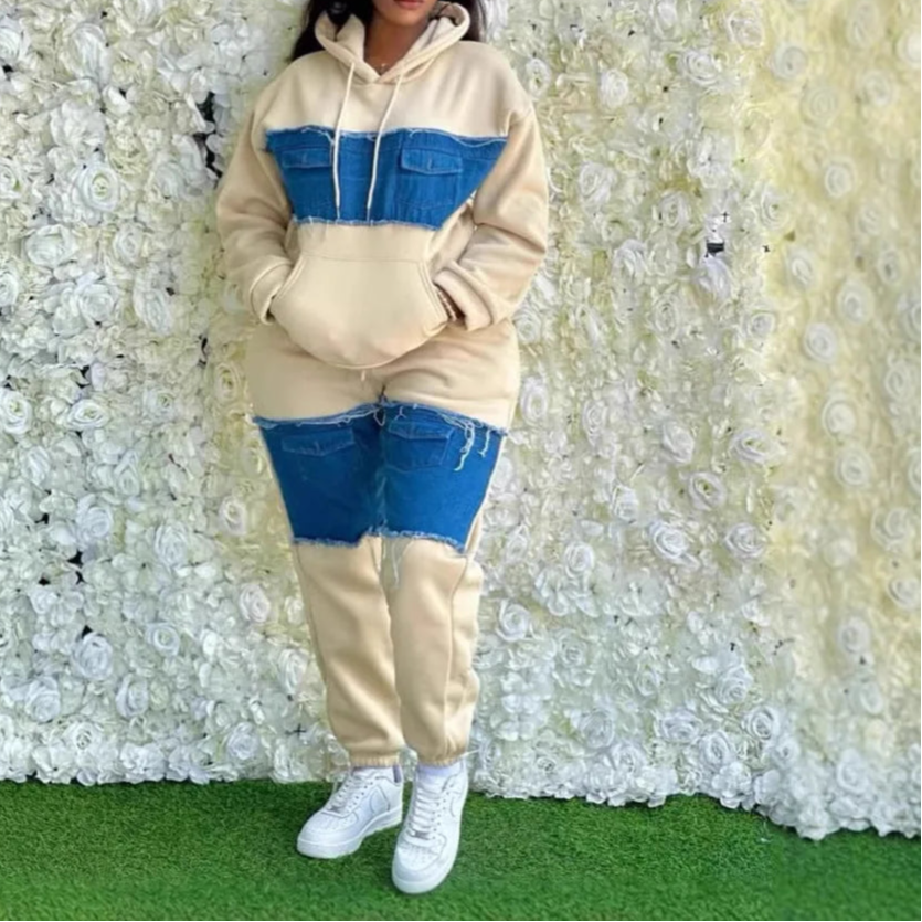 Two Piece Sets Hooded Matching Sets Denim Tracksuit Y2k Casual Joggers