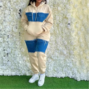 Two Piece Sets Hooded Matching Sets Denim Tracksuit Y2k Casual Joggers