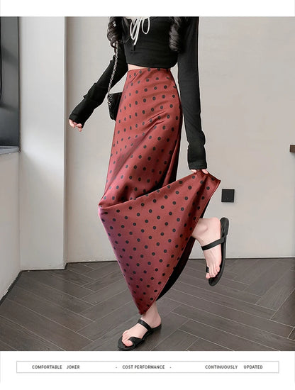 Polka Dot Satin Skirt Women's High Waist Versatile Elegant Dot Long Skirt