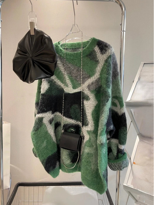 Oversized Women Casual Pullovers Patchwork Jumper with Diamonds Y2k Sweater
