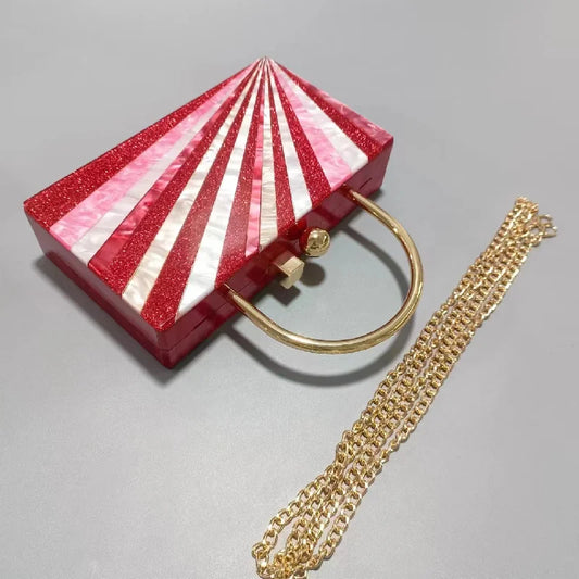 Evening Party Clutch Patchwork Purse Genuine Shoulder Chain Acrylic Handbag